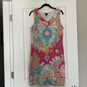 Talbots Shift Dress V-neck 100% Cotton Print Dress Size Small